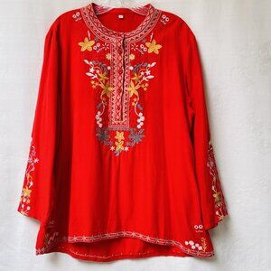 Tunic Womens Large Boho Red Embroidered Coastal Grandma Beachy Vacation Cruise